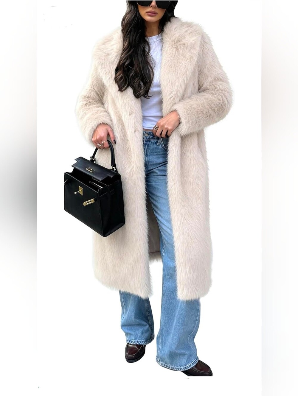 NWT Long Faux Fur Coat Maxi Jacket Beige Womens M